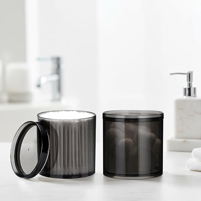 2Pack Stackable Black Plastic Container - 20 Ounce Round Vanity Storage Organizers with Lids for Hair Accessories & Beauty Supplies & bathroom container set