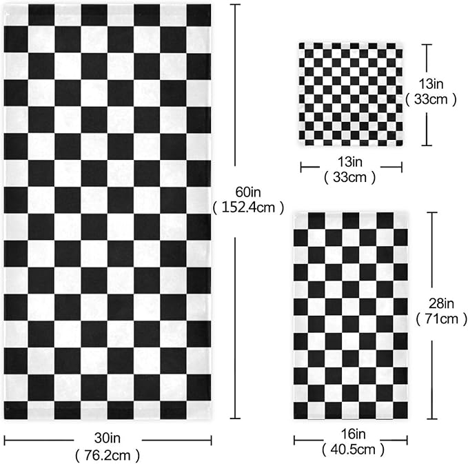 Black White Checkered Bath Towels Set, 3 Piece Geometric Checkerboard Towel Set(1 Bath Towel 1 Hand Towel 1 Washcloth), Absorbent Microfiber Modern Decorative Bathroom Towels for Hair, Face