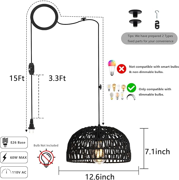 HuisMier Rattan Hanging Lamp Plug in Pendant Light, 15 Ft Hanging lamp with Wicker Woven Basket Lampshade, Dimmable Boho Hanging Lamp for Dining Room Living Room Bedroom, Black