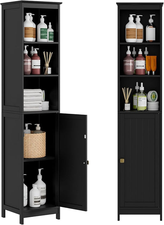 RRX Tall Bathroom Storage Cabinet,Slim Bathroom Cabinet with Door &Shelf,13.8" L*12.6" W*63.4" H,Freestanding Narrow Cabinet with Anti-Tip,Storage for Kitchen,Entryway (Black)