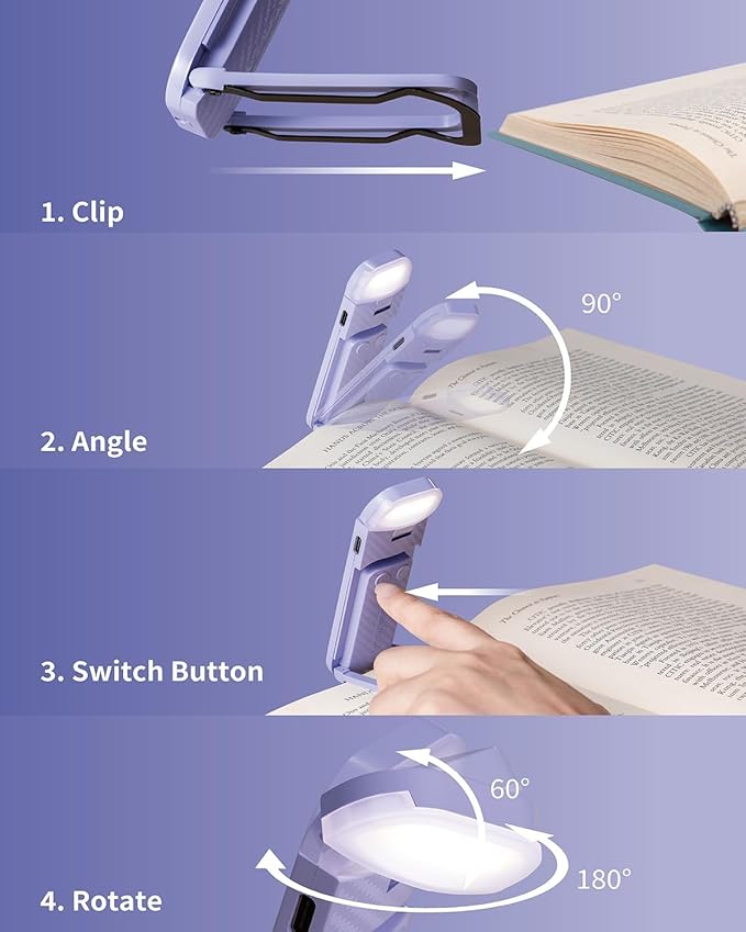 Book Reading Light, Rechargeable Clip on Booklight, Eye Caring 3 Color Temperatures & 5 Brightness Levels, Night Use for Bed, Long Lasting, Reading at Night in Bed, Romantic Purple