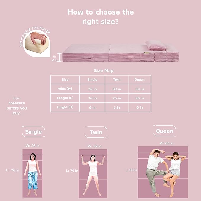 Folding Sofa Bed, 4 in 1 Convertible Sleeper Chair with Pillow, Twin Memory Foam Fold Out Chair Bed, Modern Floor Futon Sofa Couch Mattress for Living Room/Guest/Apartment, Pink