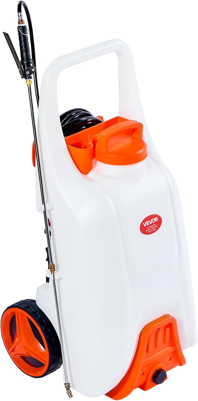 13.1 Gallon Battery Powered Sprayer with Wheels, Adjustable 0-80 PSI, 5 Nozzles and 98ft Hose Included, Orange