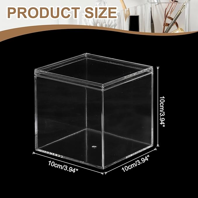 Acrylic Box with Lid, 3.94 x 3.94 x 3.94 in Acrylic Display Case Plastic Square Cube Container Storage Holder Stackable Bins for Cosmetic Collectible Candy Jewelry(2 Pack, Clear)