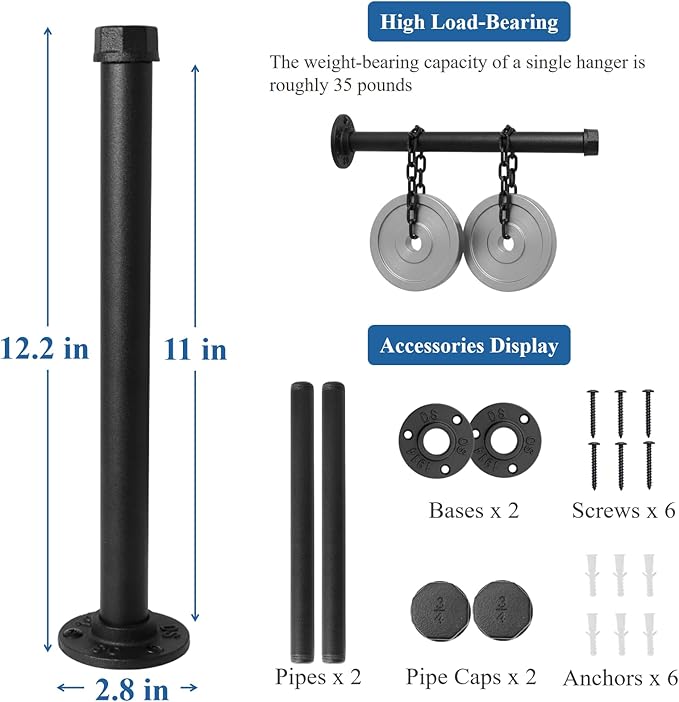 Wall Mounted Clothes Rack, Industrial Pipe Clothing Rack for Hanging Clothes, Heavy Duty Cast Iron Garment Racks for Wardrobe Organizers, DIY Closet Rods Closet Bar (Black 2 Pack, 12 Inch)