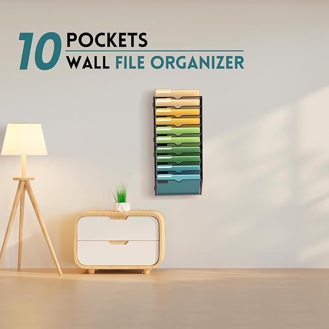 SUPEASY 10-Tier Wall File Organizer Mesh Office Mail Holder, Hanging Wall Organizer Magazine Rack for Office Black