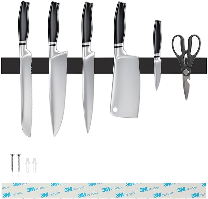16 Inch Black Magnetic Knife Holder for Wall, No Drilling Adhesive Knife Strip with Powerful Magnet and Expanded Screws, Wall Mount Knife Rack for Knives, Includes Adhesive Tape (Black)