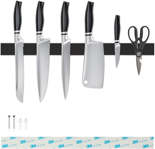 16 Inch Black Magnetic Knife Holder for Wall, No Drilling Adhesive Knife Strip with Powerful Magnet and Expanded Screws, Wall Mount Knife Rack for Knives, Includes Adhesive Tape (Black)