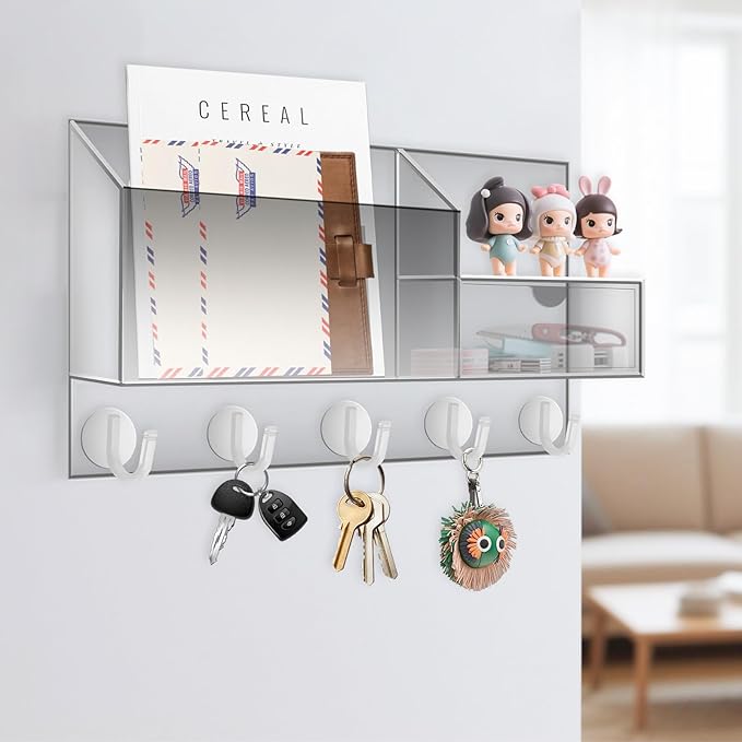 Acrylic Key Holder Wall Mount Mail Organizer for Wall with Shelf Storage Drawer and 5 Hooks, Clear