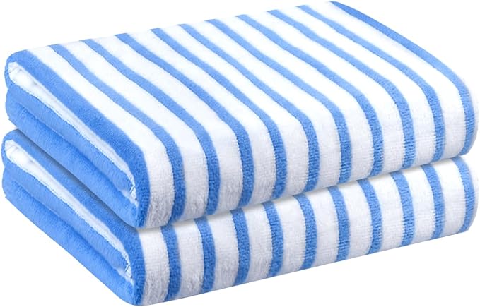 Microfiber Beach Towels Cabana Stripe, 2 Pack, 30" x 60", Quick Drying Bath Towel Set for Adult, Absorbent, Use for Travel, Sport, Swimming, Pool, Yoga, Camping, Micro Fiber StripeBlue