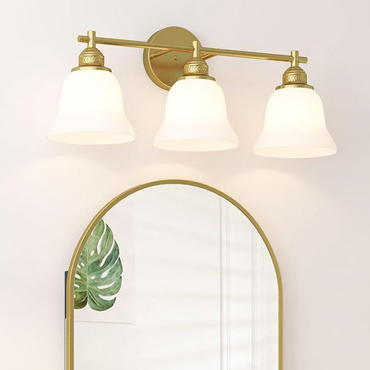 3-Light Bathroom Vanity Light Brushed Gold Modern Fixture with Frosted Glass Shades, Over Mirror Lighting for Bathroom/Bedroom, 22 inch