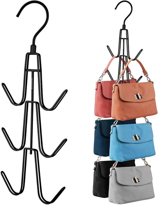 Purse Organizer for Closet, 3 Pack Rotatable Sturdy Purse Hanger Bag Rack with 18 Hooks, Space Saving Handbag Backpack Holder, Closet Organizers and Storage, Black
