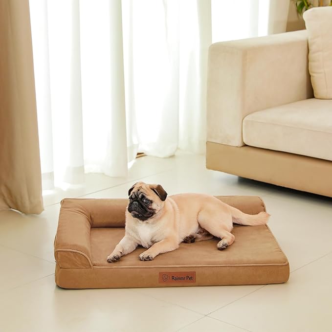 Orthopedic Memory Foam Dog Bed, Removable Washable Microsuede Cover, TPU Waterproof Liner, Nonskid Bottom, for Indoor, Outdoor, Crate ＆ Car Use, 35x23x6 Inches, Khaki