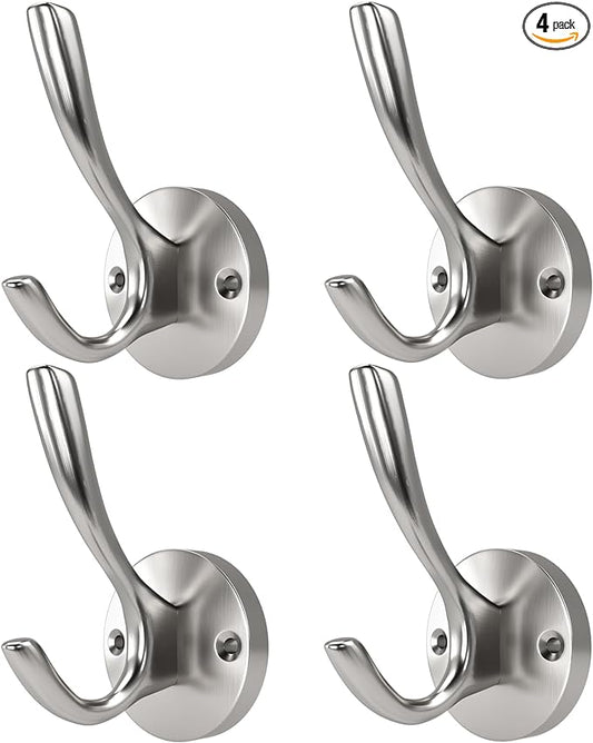 ZUONAI Brushed Nickel Towel Hooks for Bathrooms Wall Mounted 4 Pack Brushed Nickel Coat Hooks Heavy Duty Towel Wall Hooks for Coats Robes Hats Bath Entryway Cubicle Kitchen