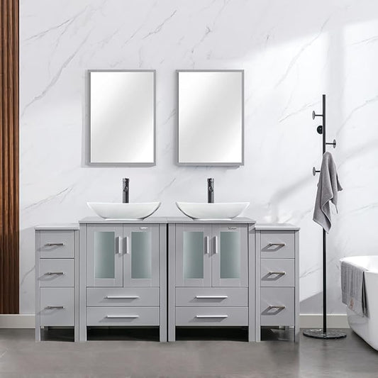 eclife 72" Modern Bathroom Vanity Sink Combo Freestanding Cabinet with Small Side Cabinet, White Curved Ceramic Vessel Sink, Water Save Faucet, Drain (Gray+T32)