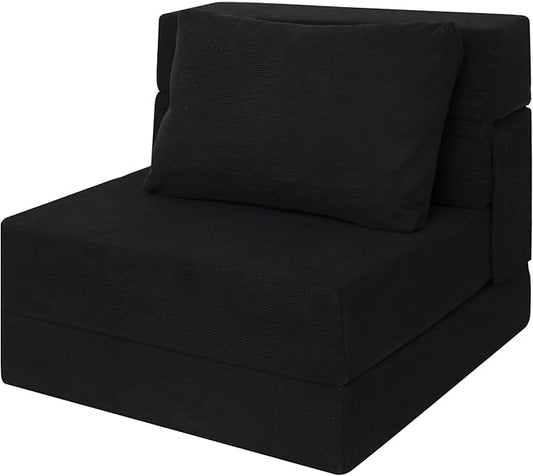 Folding Sofa Bed Chair with Pillow,Convertible Fold Out Chair Sleeper,Foam Floor Mattress, Foldable Futon Couch Bed for Living Room/Dorm/Guest/Office (Black Corduroy, Single)