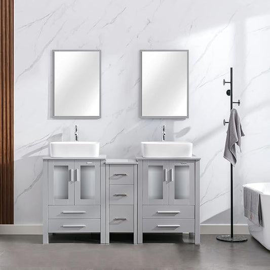 eclife 60" Modern Bathroom Vanity Sink Combo Freestanding Cabinet with Small Side Cabinet, White Rectangle Ceramic Vessel Sink, Water Save Faucet, Drain (Gray+T03)