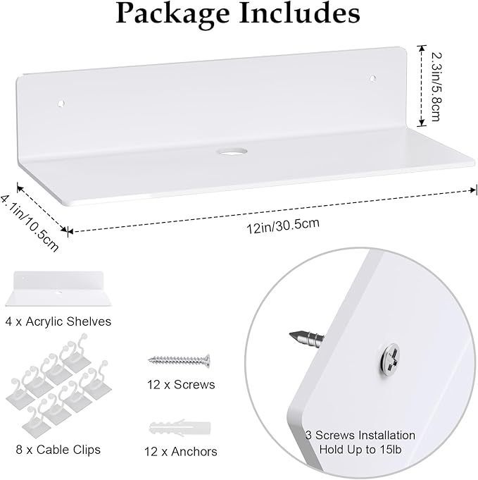 12" White Acrylic Floating Shelves, 4 Pack with Cable Clips, Small Floating Shelf for Expand Wall Display Space in Living Room, Bathroom, Gaming Room, Dorm Wall Decor