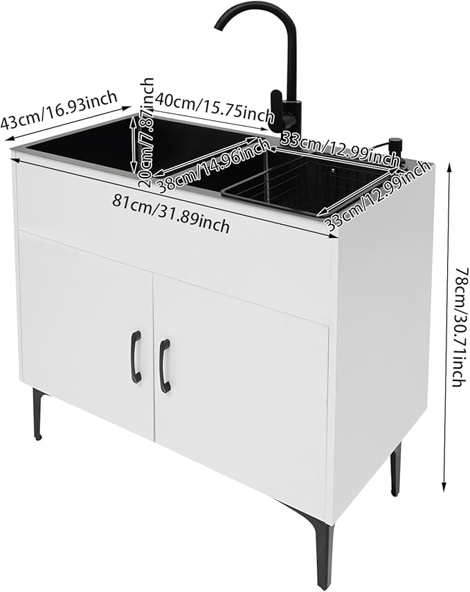 Laundry Room Double-bowl Sink Cabinet, Utility Sink Cabinet with Cold & Hot Faucet Freestanding, Bathroom Kitchen Stainless Steel Laundry Sink 31.89x16.93x30.71in(White)