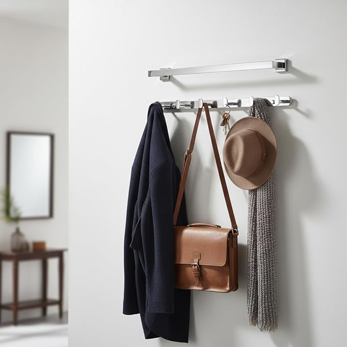 Roshan Handcrafted and Hand Polished Multi Purpose Towel Rack, SUS304 Stainless Steel Rust Proof and Peel Resistant Towel Shelf, Towel Hook, Includes 2 Handmade Hooks (4, Silver)