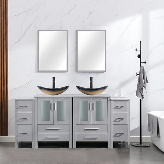 eclife 72" Modern Bathroom Vanity Sink Combo Freestanding Cabinet with Small Side Cabinet, Champagne Boat Glass Vessel Sink, Water Save Faucet, Drain (Gray+A29CH)