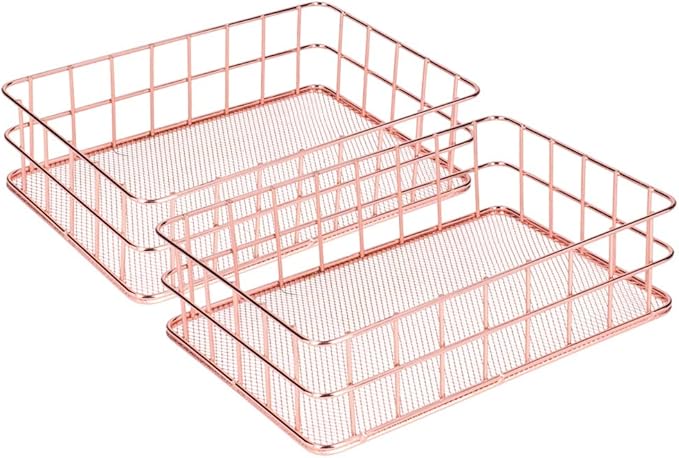 plplaaoo 2PCS Nordic Simple Rose Gold Wrought Iron Storage Basket Desktop Organizer Container Household Storage Organizer for Living Room Bathroom Office Durable Iron Material Stylish Decor (L)