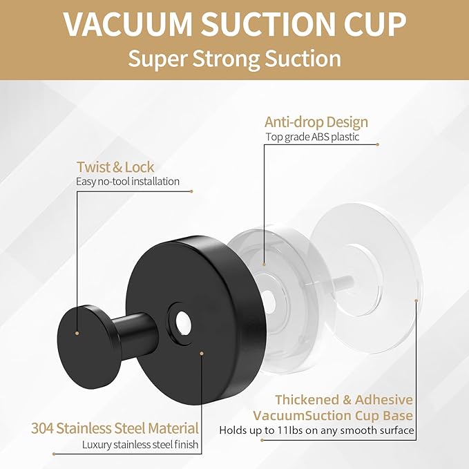Suction Cup Hooks for Shower, Heavy Duty Towel Hooks for Walls No Damage, Modern Shower Suction Hooks for Kitchen Bathroom Wall, Glass, Mirror, Tile, Hanging Towels Robes, Black (4 Pack)