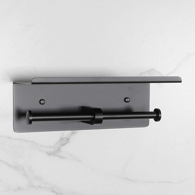 Double Toilet Paper Holder with Shelf Matte Black, Bathroom Accessories Decor SUS 304 Stainless Steel Modern Paper Towel Holder Plus Cell Phone Wall Storage