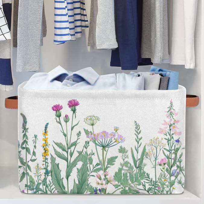 Pardick 2Pack Herbs and Wild Flowers Large Collapsible Storage Bins,Colorful Floral Decorative Canvas Fabric Storage Boxes Organizer,Rectangular Shelves Baskets Box for Home Office Nursery Closet