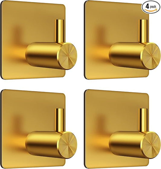 VIS'V Adhesive Towel Hooks, Waterproof Shower Wall Stick on Hooks, Gold, 4 Pcs
