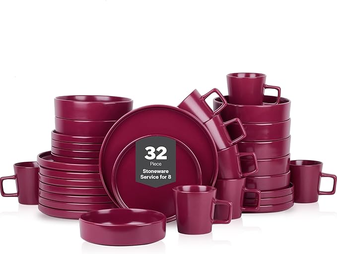 Stone Lain Cleo Stoneware 32-piece Round Dinnerware Set, Magenta,Service For 8,Coupe - Celina