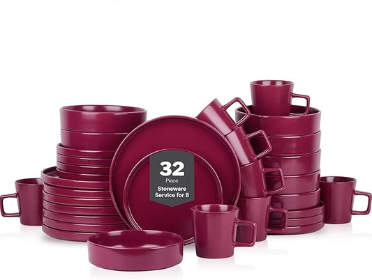 Stone Lain Cleo Stoneware 32-piece Round Dinnerware Set, Magenta,Service For 8,Coupe - Celina