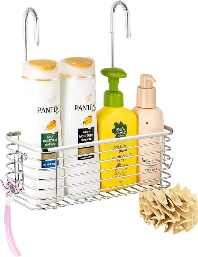 YQh hanging shower rack, bathroom storage rack, shampoo bracket, the back hook can be rotated, and can be hung on the faucet or Claw foot bathtubcross bar, 304 stainless steel rust proof and durable