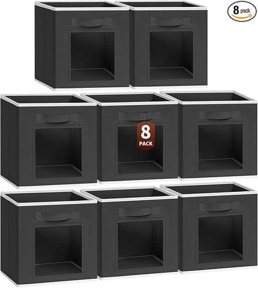 Foldable Storage Cubes - Cubby Storage Organizer with Window, Decorative Baskets for Organizing, Fabric Bins for Clothes Storage, Closet Storage Cubes-11inch, 8 Pack, Black