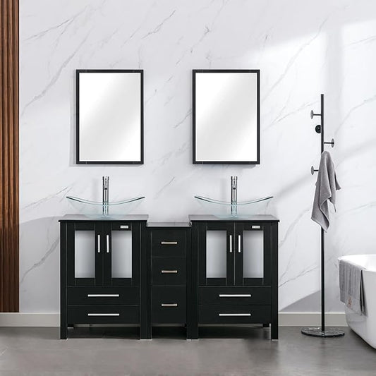 eclife 60" Modern Bathroom Vanity Sink Combo Freestanding Cabinet with Small Side Cabinet, Clear Boat Glass Vessel Sink, Water Save Faucet, Drain (Black+A29TT)