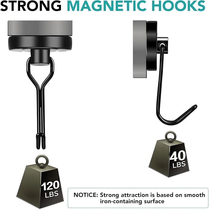 DIYMAG Black Magnetic Hooks, 120LBS Strong Magnetics Heavy Duty, Magnet Hook with Metal Hanger for Hanging Refrigerator Home Kitchen Office, 16Pack
