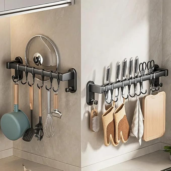 AmoiChic Adhesive Wall Mounted Pot Pan Rack, Kitchen Wall Mounted Detachable Pan Lid Utensils Organizer Hanging Rail with 8 Hooks for Kitchen Bathroom Bedroom,17.7''