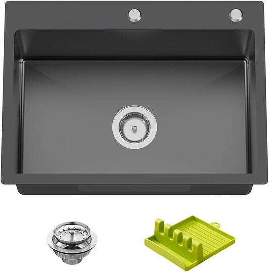 Black 25x18 Inch Kitchen And Bar Sink - Stainless Steel Drop In Single Bowl Topmount Modern Kitchen And Bar Sink With Spoon Rest,Drain Strainer Set Compatibility With Various Kitchen&Bar Style