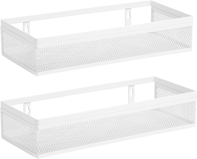 Wetheny Hanging Wall Mount Storage Baskets with Adhesive Hooks & Screwing, Metal Wire Organizer Baskets for Home Decor, Kitchen, Bathroom, Laundry, Closet, Garage, RV Black 2 Packs (White)