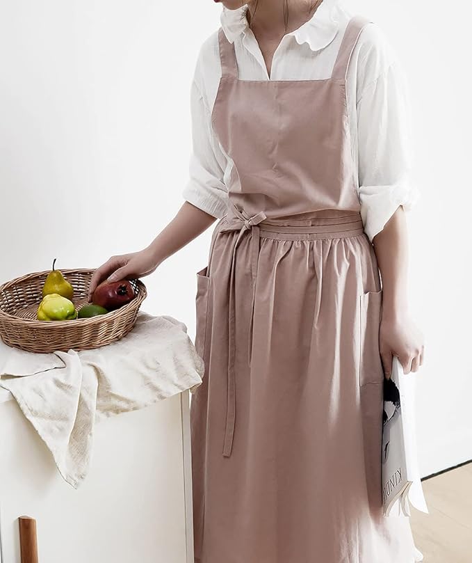 VLZUFE Women Cotton Linen Cross Back Apron with Pockets for Gardening Works Pinafore Dress