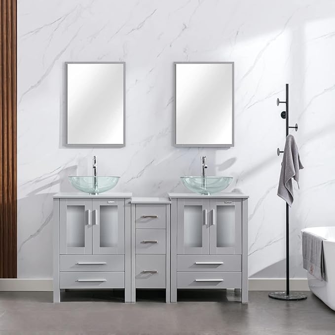 eclife 60" Modern Bathroom Vanity Sink Combo Freestanding Cabinet with Small Side Cabinet, Clear Round Glass Vessel Sink, Water Save Faucet, Drain (Gray+A16)