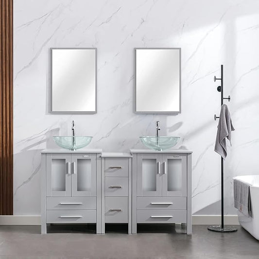 eclife 60" Modern Bathroom Vanity Sink Combo Freestanding Cabinet with Small Side Cabinet, Clear Round Glass Vessel Sink, Water Save Faucet, Drain (Gray+A16)