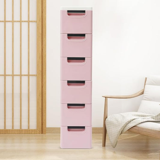 6 Drawers Storage Cart Rolling Storage Drawer Cart Narrow Plastic Dresser Rolling Organizer Cart Storage Unit on Wheels Bathroom Art Craft Supplies Mobile Slim Utility (Dark Pink)