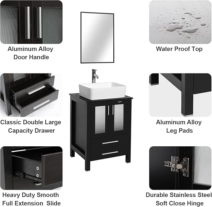 eclife 24" Modern Bathroom Vanity Sink Combo Freestanding Cabinet with Soft Closing Door, White Rectangle Ceramic Vessel Sink, Water Save Faucet, Drain (Black+T03)