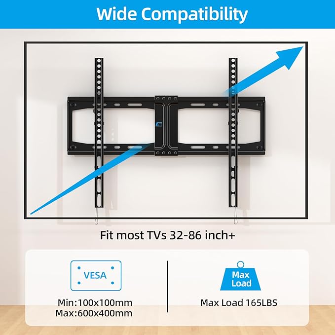 HOME VISION Heavy Duty Tilt TV Wall Mount Bracket for 32-86 Inch Flat/Curved TVs, 165Lbs Capacity, Max VESA 600x400mm, Fits 12/16/24 Inch Studs, Low Profile, Universal, HV9601