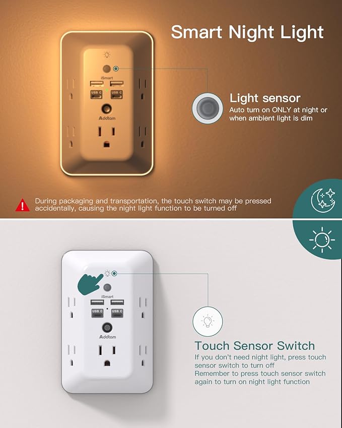 Surge Protector, Outlet Extender with Night Light, Addtam 5-Outlet Splitter and 4 USB Ports(PD 20W), Multi Plug Wall Outlet Power Strip for Home Office Dorm Room Essentials