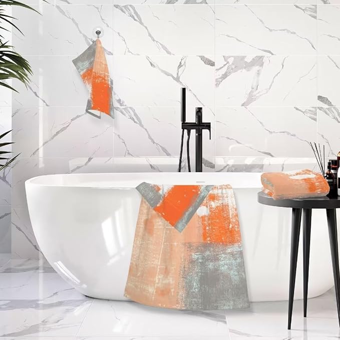 Orange Gray Ombre Bath Towels Set, 3 Piece Grey White Abstract Towels Set (1 Bath Towel, 1 Hand Towel, 1 Washcloth), Absorbent Microfiber Decorative Bathroom Towels for Fingertip, Hair, Face