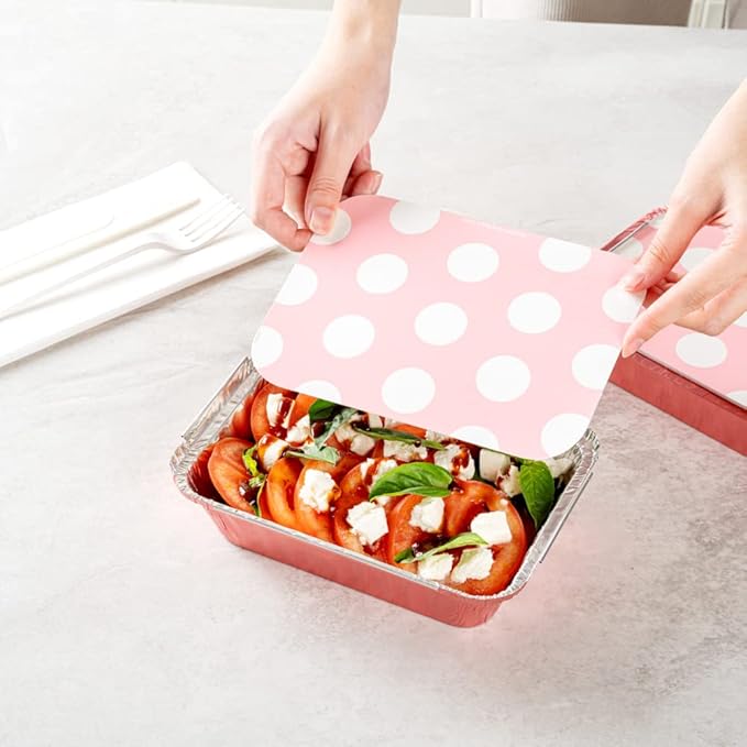 Restaurantware-16 Ounce Disposable Takeout Containers, 50 Rectangle Food Containers - With Polka Dot Lids, Pink Takeaway Containers, Aluminum Delivery Containers, Freezable