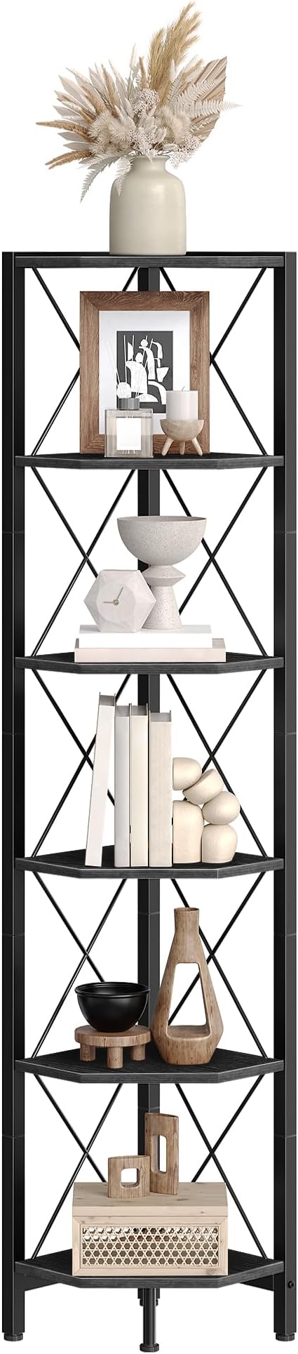 6-Tier Corner Shelf, Corner Bookcase, 66.9" Tall Vertical Display Rack, Plant Stand, Open Storage Shelf, for Living Room, Bedroom, Study, Kitchen, Black TCJ13BB