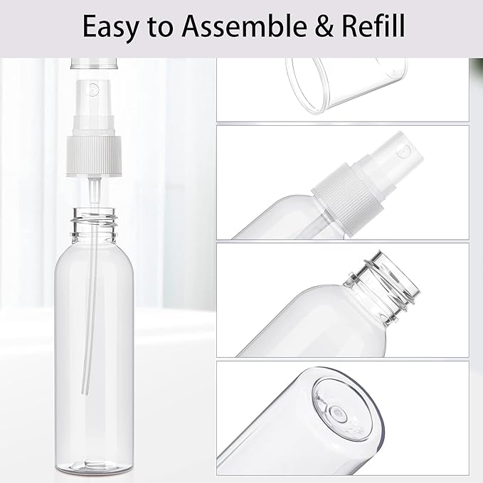 100 Pack 2 Oz Plastic Mini Spray Bottles with Refillable Mist Sprayer for Travel and Household Use for Perfume Essential Oils Cleaning (Clear)